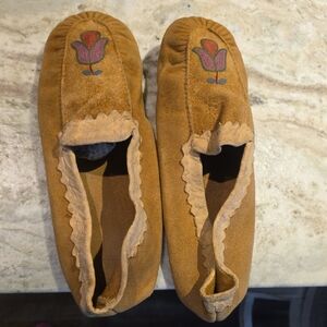 Brown Suede Moccasins with Embroidered Designmade By Pala Indians In San Diego